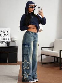 SHEIN Tall Casual Distressed Star Pattern Denim Jeans, Daily Wear, Autumn - Blue - View 7