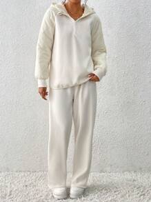 2pcs/Set Women Casual Patchwork Hooded Sweatshirt And Pants, Autumn / Winter