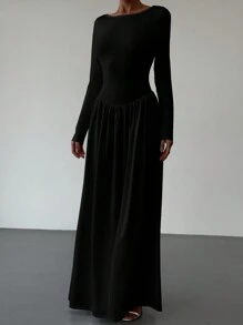 Aloruh New V-Neck Long Sleeve White Dress, Slim Fit, Thermal Insulation, Versatile, Autumn/Winter - Black - View 5