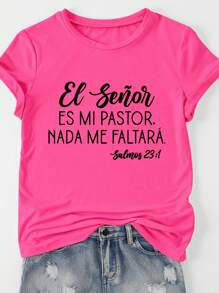 Flirla Áo thun cổ tròn tay ngắn in chữ đơn giản rộng rãi cho nữ, áo phông họa tiết cỡ lớn cho nữ - Màu Hồng Tươi - Xem 1