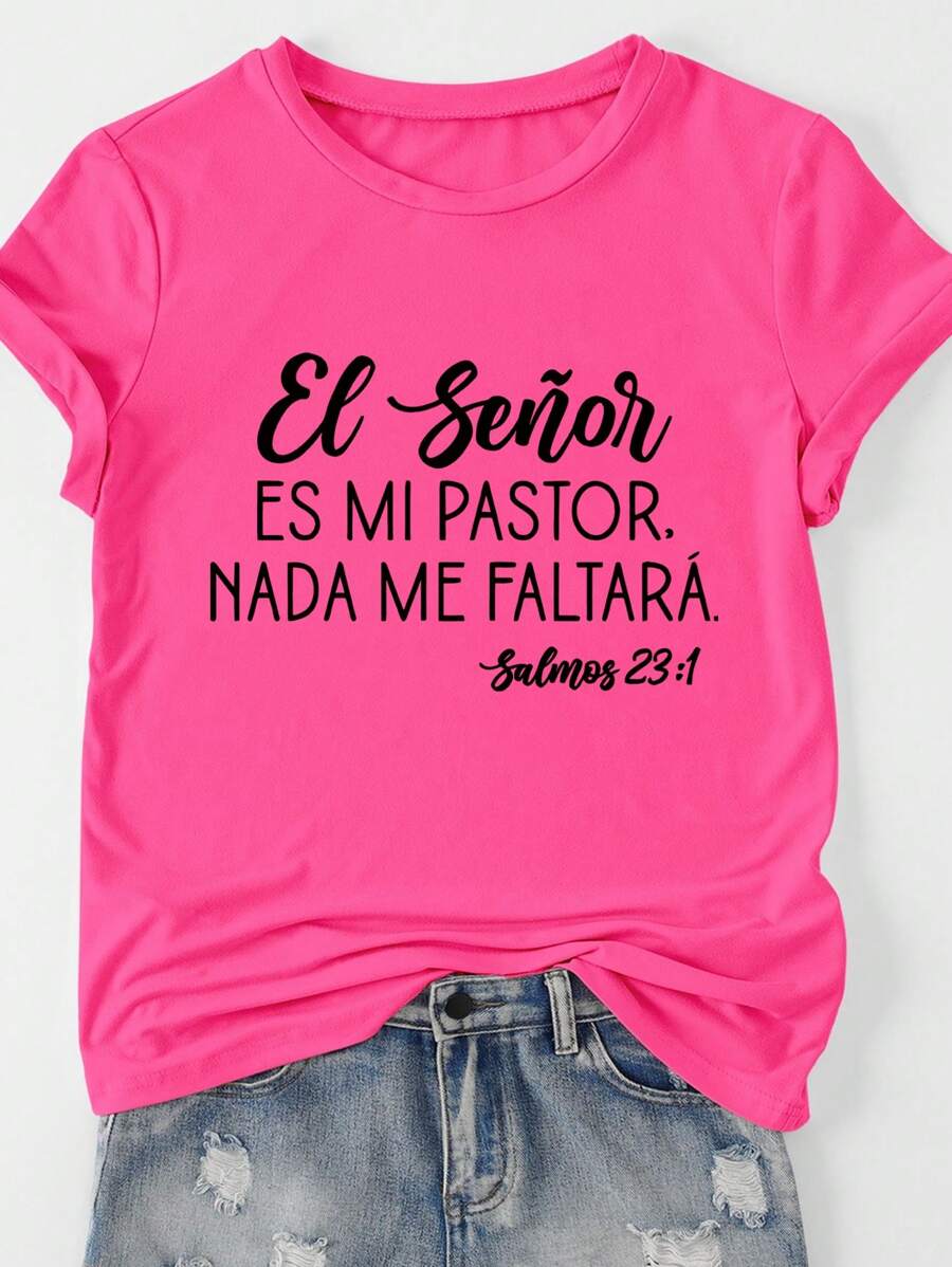 Flirla Áo thun cổ tròn tay ngắn in chữ đơn giản rộng rãi cho nữ, áo phông họa tiết cỡ lớn cho nữ - Màu Hồng Tươi - Xem 1