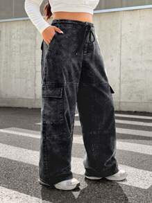 CovetEZ Plus Size Vintage Heavily Washed Street-Style Pocket Black Pants, Autumn/Winter - Black - View 6