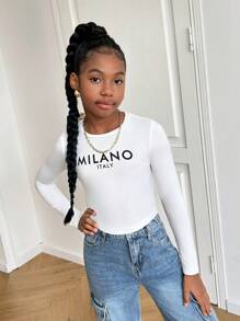 SHEIN Tween Girl Letter Graphic Cropped Crew Neck Long Sleeve Tight T-Shirt, Suitable For Spring, Autumn And Winter