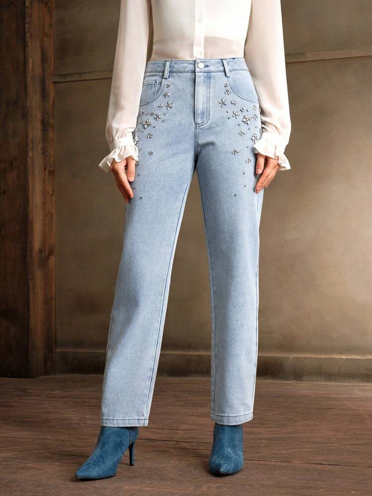 Fashionable Commuter Rhinestone Pockets Straight Leg Elegant Jeans For Women