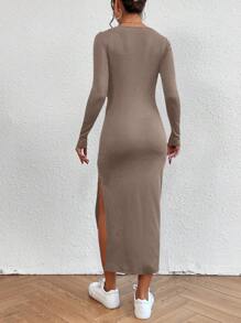SHEIN Essnce Women's Solid Color Round Neck Long Sleeve Side Slit Hem Long Casual Dress, Autumn