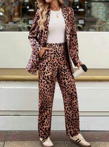 SHEIN Unity Women's Leopard Print Lapel Long Sleeve Blazer And Pants Fashion Suit Set - Khaki - View 3