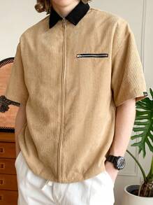 Manfinity VCAY Men's Woven Fashionable Casual Young Zip-Up Long Sleeve Shirt