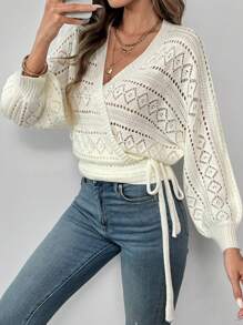 SHEIN LUNE Cardigan aperto da donna in maglia traforata con laccetti laterali, casual per l'autunno - Beige - Visualizzare 1