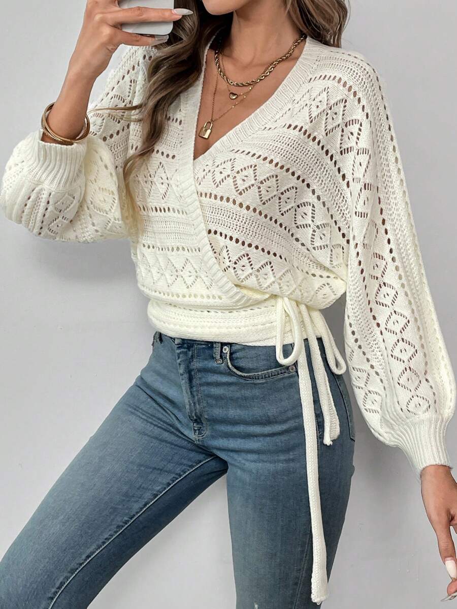 SHEIN LUNE Cardigan aperto da donna in maglia traforata con laccetti laterali, casual per l'autunno - Beige - Visualizzare 1