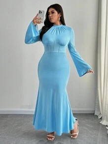 SHEIN Unity 1 chiếc váy bó sát tay loe đính kim cương thanh lịch cỡ lớn cho nữ - Màu xanh lam - Xem 3