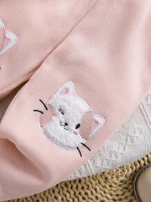 SHEIN 3pcs Baby Girl Cute Pink Cat Pattern Warm Fleece Hooded Jacket & Pants Set, Autumn/Winter