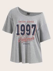 SHEIN EZwear 复古美国 1997 大码宽松灰色花卉印花落肩 T 恤套头衫，适合大码女士，夏季 - 淺灰色 - 查看 2
