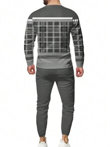 男士休闲格子长袖 T 恤和裤子套装，秋季舒适服装 - 灰色 - 查看 2