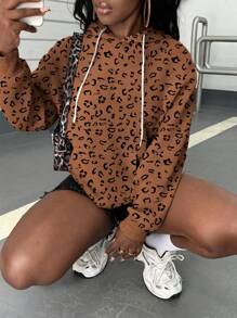 INAWLY 女士休闲豹纹落肩宽松袋鼠口袋抽绳连帽衫运动衫，春/秋 - 棕色 - 查看 7