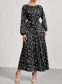 Mulvari Casual Elegant Ditsy Floral Print Cinched Waist Lantern Sleeve Modest Long Sleeve Dress, Autumn