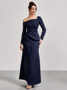 Coutiva 1 pieza Vestido largo de fiesta con mangas largas, cuello asimétrico y fruncido, Vestido elegante para banquete, fiesta de Año Nuevo, evento social, invitado de boda, vestido formal, vestido de noche