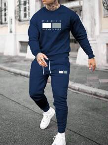 Manfinity Homme Men's Letter Print Sweatshirt And Sweatpants Set, Fall Clothes