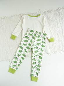 Cozy Pixies Bộ đồ ngủ vừa vặn 2 món cho bé trai, áo thun dài tay cổ tròn in họa tiết khủng long hoạt hình màu tương phản và quần dài bo gấu - màu xanh lá - Xem 2