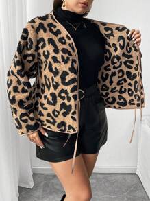 Franclia Chaqueta holgada de talla grande para mujer con estampado de leopardo, contraste de PU, lazo y cinturón, informal para otoño/invierno