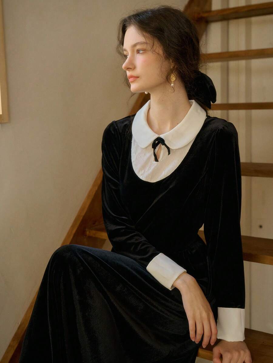 Simple Retro Đầm dài nhung cổ Peter Pan màu khối nơ cho nữ - màu đen - Xem 1