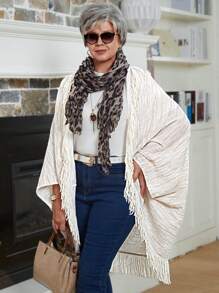 EMERY ROSE Plus Size Women Solid Color Batwing Sleeve Tassel Patchwork Poncho Outerwear, Fall And Winter Clothes For Women - Multicolor - View 7