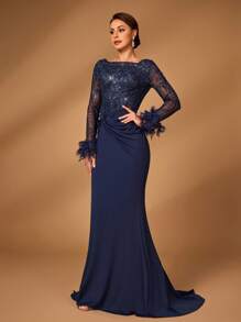 Serin Elegante y lujoso vestido de noche azul marino con mangas largas transparentes, bordado de encaje, lentejuelas, parches y tejido de punto con cola de pez, adecuado para bodas, fiestas, banquetes, vestido de madre de la novia (puños de plumas), vestido de noche, vestido de madre de la novia, para el Día de San Valentín - Azul Marino - Ver 8