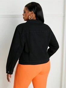 Áo khoác denim dáng rộng, màu trơn, thường ngày, dáng rộng, có túi lật, vai trễ, cỡ lớn - màu đen - Xem 2