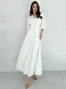 Firerie 优雅白色收腰 V 领灯笼袖褶皱 A 字中长连衣裙，适合工作、办公室、度假和浪漫，秋季 - 白色 - 查看 6