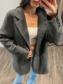 DAZY Simple Plaid Pattern Women Blazer, Fall Clothes Business Attire - Black - View 2