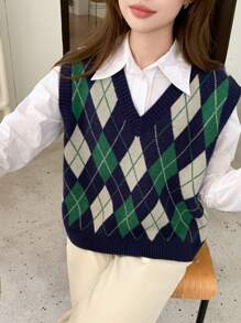 DAZY V-Neck Sleeveless Plaid Knit Sweater Vest For Women, Casual Daily Wear Fall/Winter