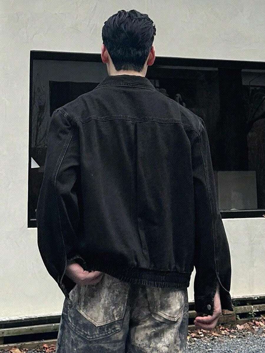 DAZY 秋季男士纯色牛仔夹克 - 黑色 - 查看 1