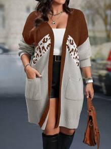 SHEIN LUNE Cárdigan holgado con bolsillos, cuello caído, y parches de estampado de leopardo en tonos contrastantes para mujer talla grande