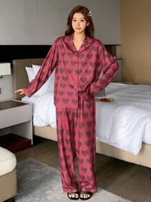 DAZY Heart Print Loose Pajama Set - Burgundy - View 6