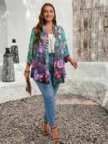 EMERY ROSE EMERY ROSE Plus Size Fall Clothes Teacher Clothes Women's Random Print Simple Daily Blue Jacket