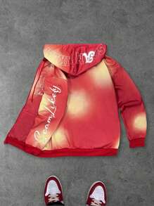 Manfinity Roghcode Men's Letter & Smiling Face Print Zipper Front Drawstring Hoodie, Autumn - Red - View 2