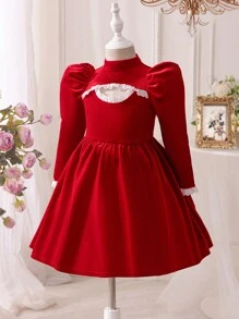 SHEIN Mommy And Me Young Girl's And Young Girl's Red Velvet Hollow Pearl Button Dress Set, Suitable For Christmas  Party Wear - Red - View 9