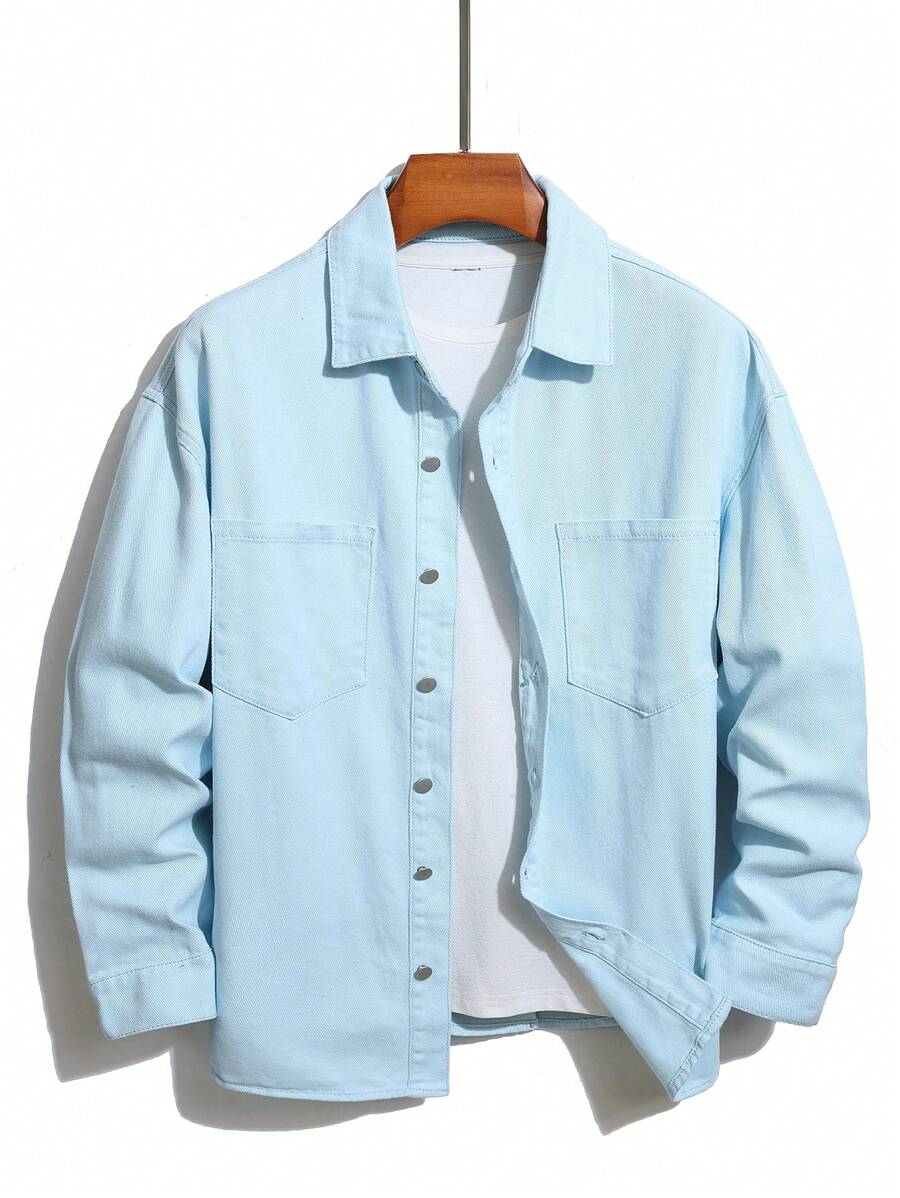 Manfinity Homme 男士休闲牛仔衬衫，带口袋，单排扣，长袖，秋季 - 淺色水洗藍 - 查看 1