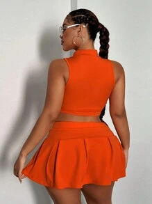 Maweii Ensemble de débardeur court moulant de couleur unie et mini-jupe, grande taille