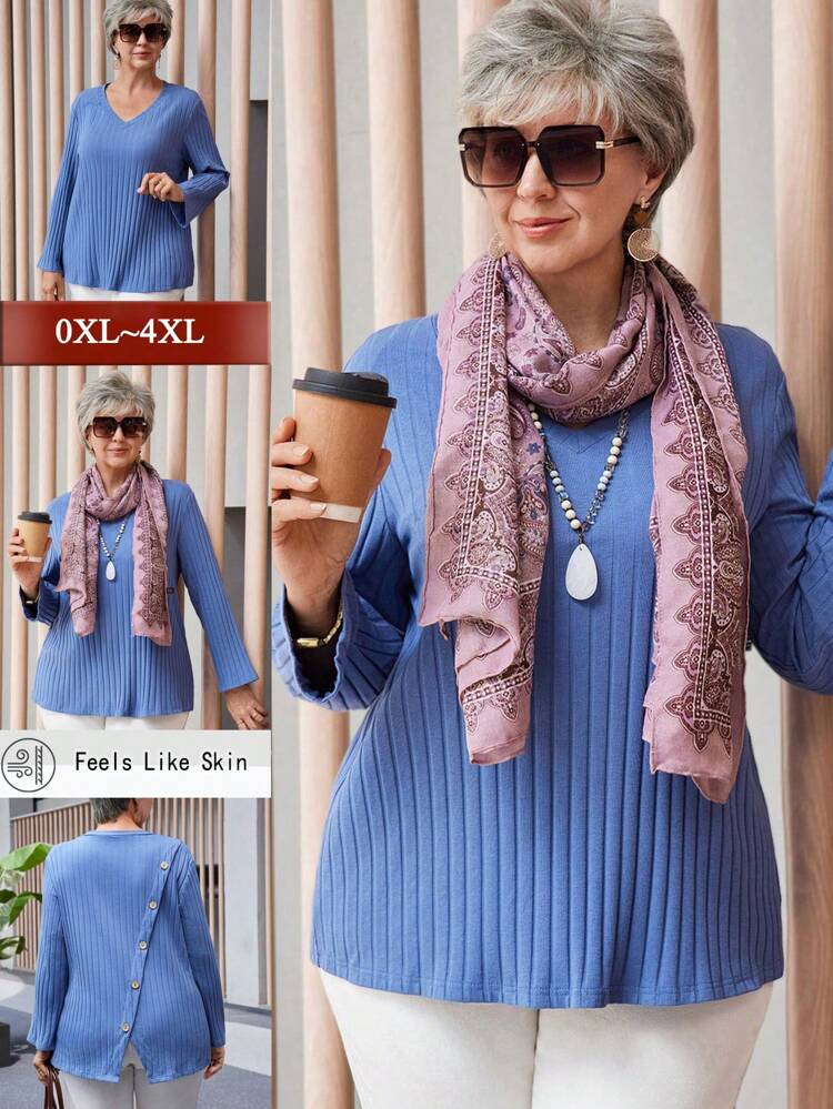 Plus Size Women Blue Casual T-Shirt, Autumn