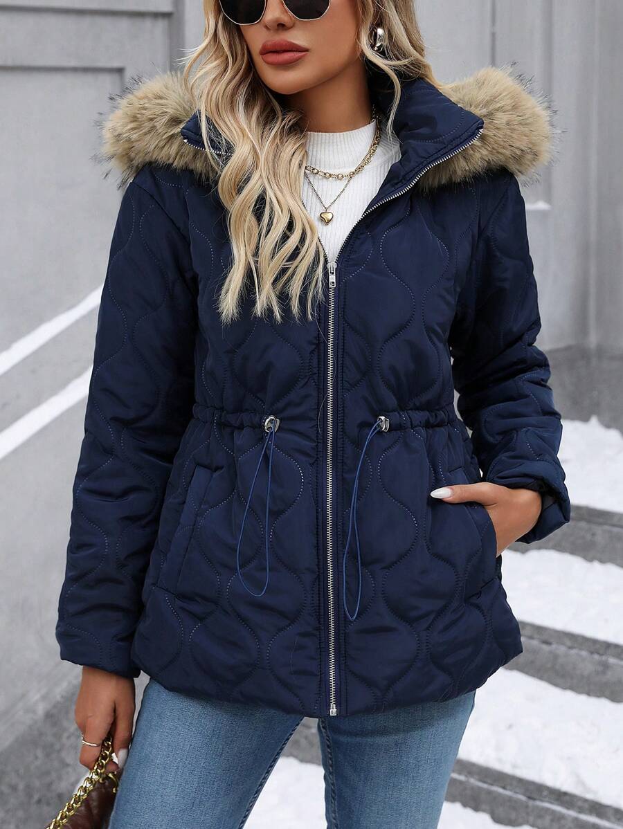 SHEIN Clasi 女士毛茸茸拼布抽绳腰休闲宽松连帽加厚棉服外套冬季衣服 - 藏蓝色 - 查看 1