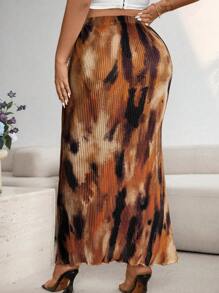Vionelle 大码女式弹力腰扎染印花美人鱼下摆长裙，时尚百搭 - 棕色 - 查看 2