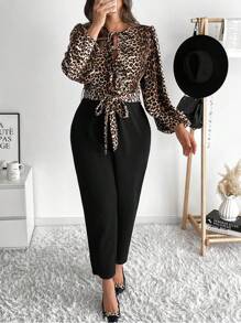 SHEIN Frenchy Plus Size Women Elegant Leopard Print Lantern Sleeve Twist Front Tie Waist Jumpsuit, Spring/Autumn - Multicolor - View 8