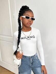SHEIN Tween Girl Letter Graphic Cropped Crew Neck Long Sleeve Tight T-Shirt, Suitable For Spring, Autumn And Winter