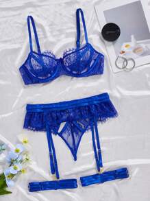 SHEIN Opulent Queen Conjunto de lencería romántica y sexy para mujer con sujetador de encaje francés con alambre, liguero, tanga y medias hasta el muslo