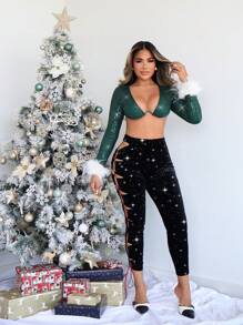 SHEIN SXY 女士圣诞派对天鹅绒绑带镂空打底裤，秋冬款 - 黑色 - 查看 5