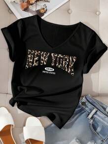 SHEIN LUNE Plus Size Women V-Neck Leopard & Letter Print Short Sleeve T-Shirt, Summer, Spring Break - Black - View 1