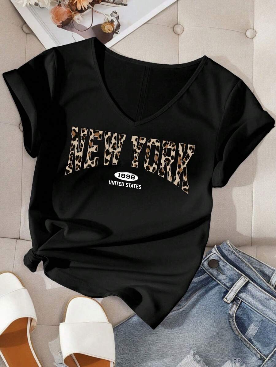 SHEIN LUNE Plus Size Women V-Neck Leopard & Letter Print Short Sleeve T-Shirt, Summer, Spring Break - Black - View 1