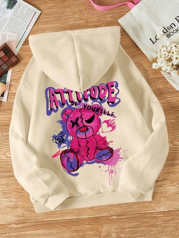 INAWLY Sudadera con capucha de manga larga informal con impresión de letra y oso de dibujos animados para mujer, otoño/invierno