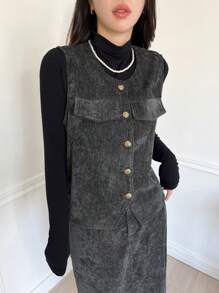 DAZY 2 件套：女士休闲外出纯色背心和裙子，秋季 - 深灰色 - 查看 3