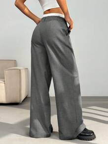 SHEIN EZwear Black & White Plaid Contrast Waistband Loose Straight Leg Casual Dress Pants, Autumn/Winter - Black and White - View 2